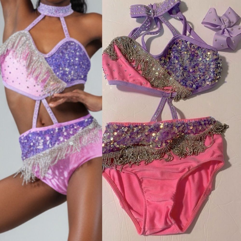 Glamour solo sassy dance costume purple pink embellished rhinestone fringe LC